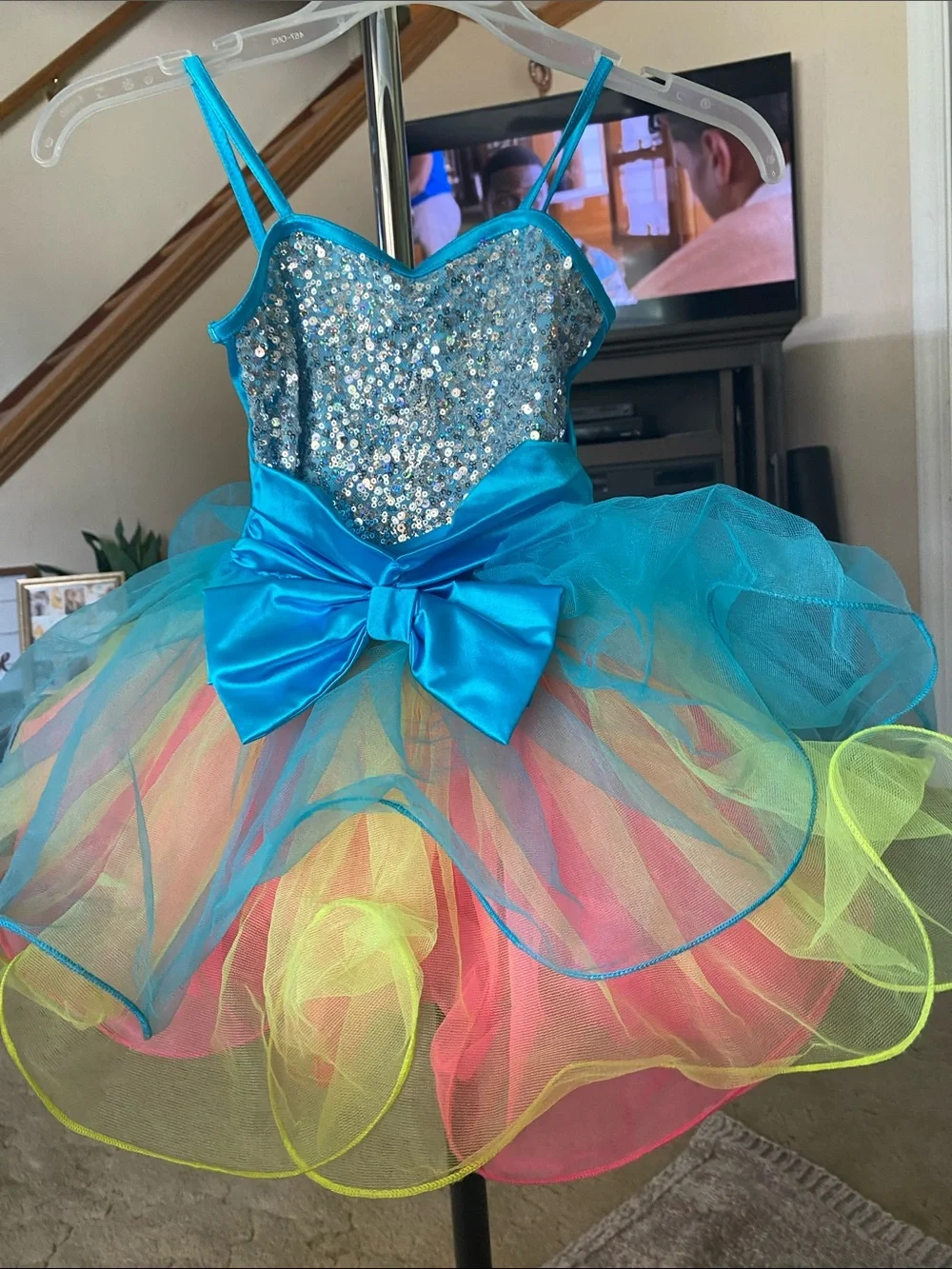 Blue Sequin & Rainbow Tulle Kids dance Costume Dress with Bow